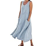 Sommerkleid Damen Leinen Baumwolle Kleid Ärmellos Lose Maxikleid Rundhals Strandkleid Leinenkleid mit Taschen Einfarbige Blusenkleid A-Linie Kleider Große Größen Langes Kleid Elegant Boho Tankkleid