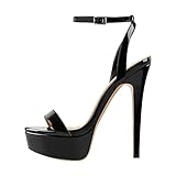 Only maker Damen Plateau Sandaletten Glitzer Metallic Sandalen Pumps Riemchensandalen High Heels Stiletto Lackoptik Schwarz 41 EU