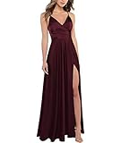 xxxiticat Damen V-Ausschnitt Spaghettiträger Lange Ballkleider Satin A-Linie Brautjungfernkleider formeller Satin Abschlussball Abendkleider mit Schlitz(RE1,M)