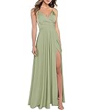 xxxiticat Damen V-Ausschnitt Spaghettiträger Lange Ballkleider Satin A-Linie Brautjungfernkleider formeller Satin Abschlussball Abendkleider mit Schlitz(GR1,L)