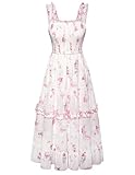 Damen Vintage Blumenkleid Gesmokt Taille Spaghetti Träger Square Neck Boho Corsagenkleid Hellrosa L