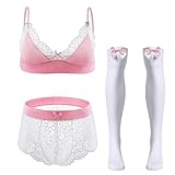 FYMNSI Herren Sissy Dessous Männer Unterwäsche Set Crossdresser Transparent Spitzen BH Top String Tanga Slip mit Lange Strümpfe 3tlg Reizwäsche Erotik Unterhose Nachthemden Negligee Rosa + Weiß 3XL