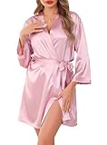 Sopesil Damen Satin Bademantel Unisex Morgenmantel Seide Leicht Kimono Bride V-Ausschnitt Morgenmantel für Spa Haus und Hotel, Rosa, XL