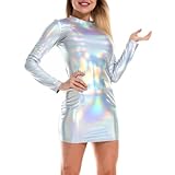Metallic Glänzendes Langarm Kleid Damen, Sexy Minikleid aus Leder, Wetlook Clubwear Rundhals Kurzer Bodycon Figurbetonte Partykleid für nächtliche Party Rave