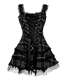ECDAHICC Frauen Kariert Lace Up Gothic Strap Skater Kleid Vintage Square Neck Ärmellos Mini Kleid Spaghetti Straps Steampunk Halloween A-Linie Mesh Kurzes Allegra Kleid