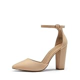 DREAM PAIRS Damen Coco High Heels Chunky Block Pumps Spitzeschuh Geschlossene Zehen Knöchelriemen Abendkleidung Schuhe,Size 40,Nackt/Wildleder,Coco