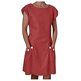 Leinenkleid Damen Sommer- Sommerkleid Damen Knielang, Vintage Kleid Damen Kurzarm mit Taschen Knöpfen Rundhals Lässig Luftige Kleider Elegant Baumwolle Leinen Tunika Blusenkleid Freizeitkleid