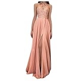 Jugendweihe Kleider Damen Mit Schlitz Spitzen Neckholder Brautkleid Abschlusskleid Lang Ärmellos Spitze Abendkleid Elegant für Hochzeit Spitzenkleid Tunika Kleid Midikleid Frauen