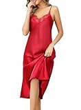 Lovasy Satin Nachthemd Damen Lang Sexy Negligee Babydoll V Ausschnitt Spitze Verstellbaren Spaghettiträger Leicht Nachtkleid,Rot,XXL