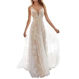 Tüll Ballkleider Lang Spitzenapplikationen Hochzeitskleid V-Ausschnitt Abendkleider Ärmellos V-Ausschnitt Träger Brautkleid Weiß Maxikleid Brautjungfer Kleid Partykleid Cocktailkleid (White, L)