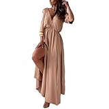 Elegantes, Sexy V-Ausschnitt-Kleid Mit Seitenschlitz Für Damen, Maxikleid Mit Tiefem V-Ausschnitt Und Sexy Seitenschlitzen Für Lange Kleider (Khaki,XL)