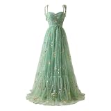 Vhersily Brautjungfernkleider, Damen Blumenstickerei Tüll Ballkleider, Langes Korsett Spaghetti Fee Rost Formelles Abendkleid Partykleid, Frühlingskleider, Cocktailkleid Minikleid, grün, L
