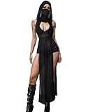 Aucute Damen Sexy Durchsichtiges Gothic Kleid mit Kapuze, Kragen Hals ärmelloses Halloween Kostüm EDM Festival Rave Outfit Schwarze, M