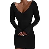 Pulloverkleid Damen Figurbetontes Kleid Hohe Elastizität Strickkleider V-Ausschnitt Langarm Pulloverkleid Herbst Winter Minikleid Sexy Kleid Elegant Partykleid Slim Fit Solide Knitted Dress