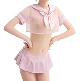 Gatamiau Japanisches Studentin Cosplay Anzug Sexy Dessous Uniform Seemann Uniform Anime Kawaii Unterwäsche Set Plissierter Rock Halloween Kostüm (Rosa)