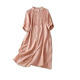 KIMCCI Boho Kleid Damen, Damen Lockeres Baumwoll-Leinenkleid Sommer Kurzarmkleid Brust Plissee Hemdkleid Knopfleiste Mit Tasche Boho Für Party Bankett Strandurlaub,Pink,M