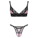 iEFiEL Herren Unterwäsche Set BH Spitze String Tanga Sissy Dessous Büstenhalter Männer Reizwäsche - Dekolleté für jeden Mann W_ Rosa XL