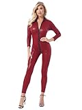 Zaldita Damen Wetlook Body Overall Einteiler Langarm Bodysuit Mit Reißverschluss Jumpsuit Erotik Dessous Lingerie Clubwear A Rot F S