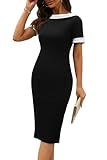 HOMEYEE Damen Elegant Kurzarm U-Boot-Ausschnitt Farbblock Bodycon Cocktail Bleistiftkleid Rückenfrei Etuikleid B930 (XL, Schwarz)