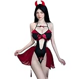 PIIKNUO Desouses für Damen Sexy, Sexy Halloween Succubus-Kostüm Spitzen-Body mit V-Ausschnitt Verführerische Minirock Kostüm für Cosplay Partys Outfit
