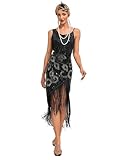 VILOREE Sexy Damen Paillettenkleid Tanzkleid Ärmellos Bodycon Ballsaal Kleider Club Outfits mit Quasten Fransenkleid Glitzer Kleid Rückenfrei Schwarz M