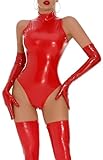 FEOYA Damen Body Dessous Latex Sexy Bodysuit Leder Unterwäsche Glänzend Latex Catsuit Ärmellos High Cut Lackleder Reizwäsche Bodysuit mit Reißverschluss Rot M