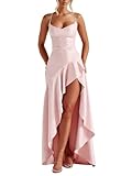 Generisch Damen Satin Ballkleid mit Rüschen, schulterfrei, lang, mit Schlitz, Elegantes Cocktailkleid (Pink,S)