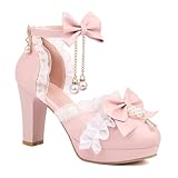 BAADCUP Süße Bogen Lolita Prinzessin Heels Pumps Schnall Blockabsatz Sandalen Chunky Anhänger Schuhe 9cm Hochzeitsfest-Kleid-Schuhe (Rosa,46), WYP0176