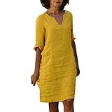 Generisch Leinenkleid Sommerkleid Damen Knielang Leinenkleider Damen Sommer V-Ausschnitt Leinenkleider Baumwolle Leinen Blusenkleid Casual Drucken Freizeitkleid Strandkleider Luftige Leinen Kleidung