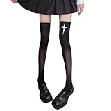 LUOFENG Japanische Anime-JK-Mädchen, süße Punk-Kreuz-Druck, Oberschenkelhohe Strümpfe, Cosplay, Seide, lange Strümpfe