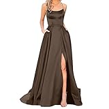 Damen Elegant Lange Abendkleider mit Taschen Satin A-Linie Backless Ballkleider Abschlusskleid Sexy Neckholder Brautjungfer Kleid