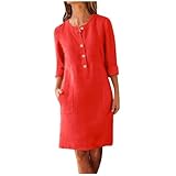 Leinenkleider Damen, Tunika Kleid Damen Sommer Ballkleid Kurz Einfarbig Baumwolle Leinen Hemdkleid Mit Tasche Button Down Rundhals Langarm Knielang Crossdresser Kleid Leinenkleid (Orange,4XL)