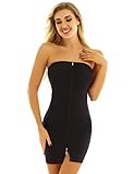dPois Damen Schlauchkleid Mini Kleid Bodycon mit doppelseitiger Reißverschluss Halb-durchsichtig Schluterfrei Babydoll Nachtewäsche Sexy Schwarz One Size
