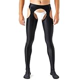 GENEMEN Glänzende Herren Strumpfhosen Crotchless Tights Pants Sissy Unterwäsche Crotchless Sheer Leggings (Schwarz, XL)