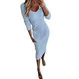 Strickkleid Damen Herbst Langarm Elegant Pulloverkleid Geripptes Lang Winterkleid Sexy Langarm Wollkleid Eng V-Ausschnitt Pullikleid Casual Herbstkleid Tailliert Pullover Kleid