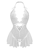 EVELIFE Babydoll Dessous für Frauen Sexy Body Dessous Damen Tiefer V-Ausschnitt ReizwäscheTranslucent Spitze Riemchen Bodysuit Verstellbare Offen Lingerie (Weiß, S)