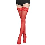 SNBUHA Halterlose Strümpfe Damen Sexy, Spitze Nylonstrümpfe mit Rutschfestem Silicone, Oberschenkelhohe Strümpfe für Modische Cheerleader/Crossdresser(rot)
