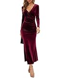 BUOYDM Elegantes Damen-Maxikleid aus Samt, lange Ärmel, V-Ausschnitt, gerüscht, figurbetont, Cocktail-Party-Maxikleid, weinrot, Small