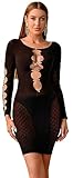Bommi Fairy Damen Sexy Kleid Ausgeschnitten Vorne Glänzend Strass Bodystocking Langarm Fischnetz Stretchy Eng Rock Hot (Schwarz)