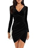 Niwicee Kleid Damen Silvester Weihnachten Sexy Cocktailkleid Winterkleid Abendkleid Langarm Elegant V Samt Bodycon Lang Winter Samt Partykleid Halloween Kleid-Schwarz-L