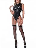 MIZSPISE Latex Body Damen Sexy Dessous Catsuit mit Reißverschluss Lack Reizwäsche Strumpfhalter Bodysuit Party Rave Club Festival Wetlook Leder Outfit Sets Jumpsuit mit Strümpfe