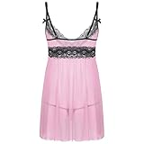 ranrann Herren Sissy Kleid Nachtkleid Satin Dessous Nachtwäsche Spaghetti Träger Nachthemd mit String Sexy Negligee Männer Gay Crossdressing Outfits Rosa XL