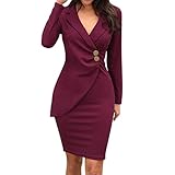 BOTCAM Damen Elegant Etuikleider Festliches Cocktail Bleistiftkleid Knielang Business Kleide Bodycon Geschäft Figurbetonte Knielang Kleider Frauen Business Mini Kleid Sexy V-Ausschnitt Langarmkleid