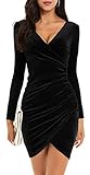 CheChury Damen Winterkleid Festlich Kleid Samtkleid Lange Ärmel Wickelkleid Bodycon Kurzes V Ausschnitt Abendkleid Elegant Ballkleid Eng Cocktailkleid Partykleid Kleider Weihnachtskleid,Schwarz,S