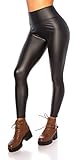 Fashion Design Damen Wetlook Lederlook Optik Thermo Leggings (Schwarz, L/XL)