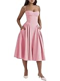 Shuanghao Sommerkleider für Damen Sexy Korsett Ärmellos Spaghettiträger Swing A-Linie Sonnenkleid Mit Taschen Chic Elegant Freizeitkleid Böhmisch Beach Midi Kleid Rosa XL