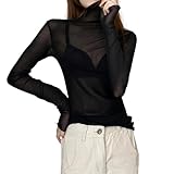 UEIOAVL Blusen & Tuniken für Damen, 1 Stück Damen Sexy Mesh-Oberteile Schwarzes Tüll-Unterhemd Durchsichtiges T-Shirt Lässige Oberteile Für Den Alltag Und Party (Schwarz)