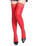 comeondear Leder Strümpfe Damen Halterlos Sexy Stockings Lederstrümpfe Wetlook Große Größen Glänzende Kniestrümpfe Oberschenkelhohe Strümpfe Stay Up Clubwear Kostüm Cosplay Rave Outfit Rot,3XL-5XL