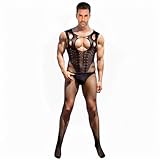 WOSE Sexy Bodystocking Ouvert für Herren, Herre Strumpfhosen Strumpfgürtel, Hohle Jumpsuit Fishnet Stockings Netzbody für Herren, Sissy Dessous Männer Große Größen