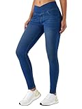 LaiEr Damen V Crossover Skinny Jeans Hohe Taille Bauchkontrolle Casual Fitness Leggings, Weich und elastisch Casual Faux Denim Print mit Seitentaschen(DarkBlueS)